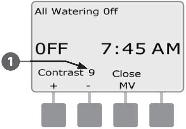OFF Gasi navodnjavanje ili zatvara Master ventil Podešavanje kontrasta na zaslonu Podešavanje postavki kontrasta na zaslonu programatora radi bolje vidljivosti.