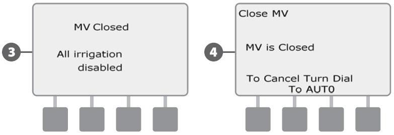 S odabiračem okrenutim na "OFF" položaj, na ekranu se pojavljuje poruka "MV is Closed" Master ventil je zatvoren. Da biste ponovno omogućili navodnjavanje, okrenite odabirač na položaj "AUTO".