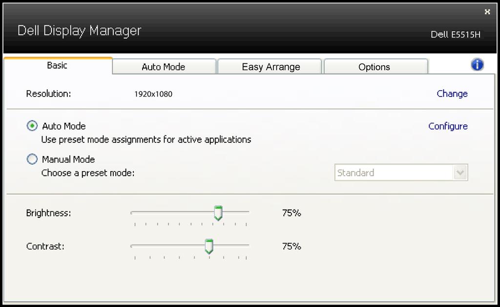 Dijaloški okvir za brze postavke također pruža pristup naprednom korisničkom sučelju aplikacije Dell Display Manager koje se koristi za prilagođavanje osnovnih funkcija, konfiguraciju automatskog