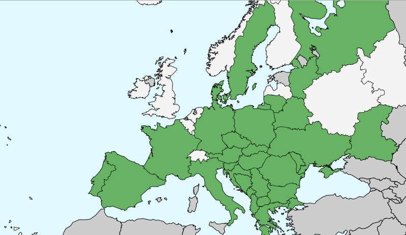 Slika 2.2.5. Distribucija vrste Eurygaster maura L. u Europi Izvor: Fauna europaea https://fauna-eu.org - pristup: 25.05.2019. Slika 2.2.6. Distribucija vrste Aelia rostrata Boh.