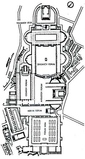 Rim, Carski forum, osnova, Cezarov forum sa hramom Venere Genetrix u sredini levo Forum započeo Cezar i završio Oktavijan