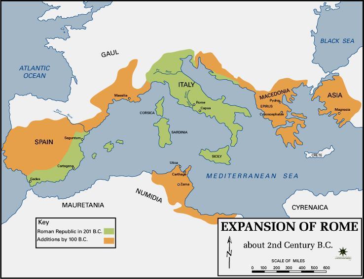 Širenje teritorija pod vlašću Rima u II veku p n e (zeleno- stanje
