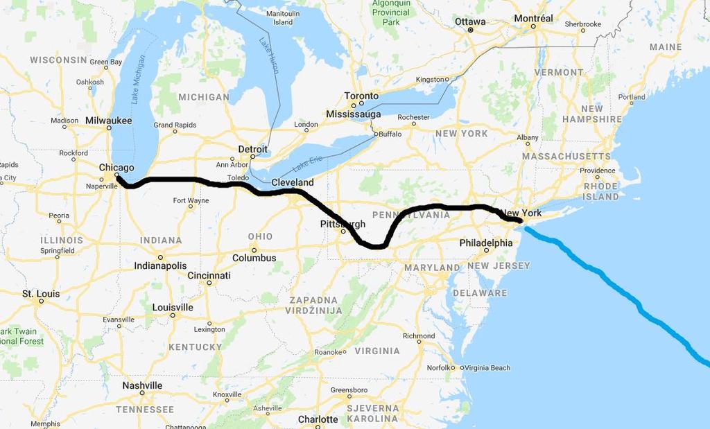 Slika 10: Prikaz rute (crna boja) od Chicaga do New Yorka (željeznički prijevoz)