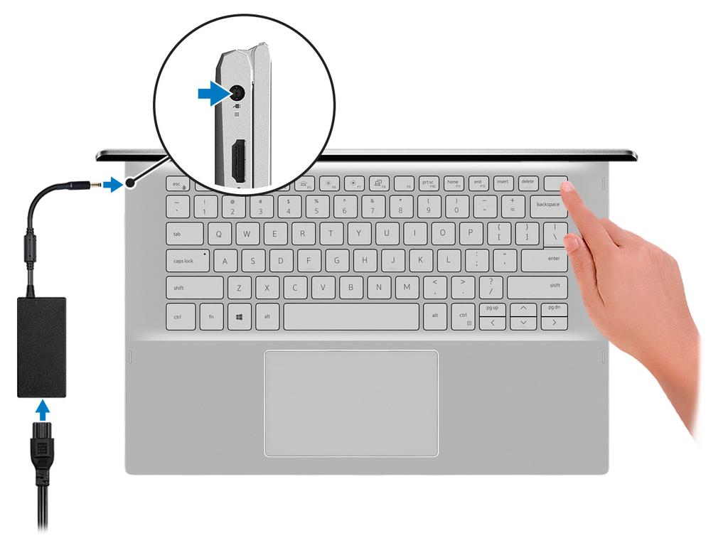 Podesite Inspiron 5400 2-u-1 1 NAPOMENA: Slike u ovom dokumentu se mogu razlikovati u odnosu na vaš računar u zavisnosti od poručene konfiguracije. 1. Povežite adapter za napajanje i pritisnite dugme za napajanje.