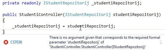 Metoda AddScoped naređuje spremniku za injekciju zavisnosti da koristi razred tipa StudentRepozitorija svaki put kada spremnik zahtijeva razred koji implementira IStudentRepozitorij sučelje. Slika 14.