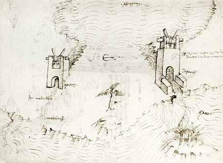 Slika 10. Akumulacijsko jezero s podiznim ustavama i mlinom Mariana Jacopa Taccole, iz knjige De Ingeneis 1427 41.
