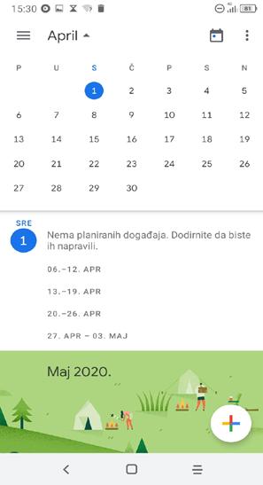 1 Višerežimski pregled Možete da prikažete Kalendar prema rasporedu, danu, 3 dana, nedelji ili mesecu, dodirnite da izaberete. 6.1.2 Kreiranje novih događaja Možete da dodate novi događaj u bilo koji pregled kalendara.