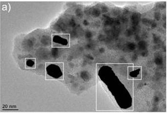 Слика 25. а) Изоловане наночестице оксида гвожђа издвојене са слике. 24б); б) црно- бела (бинарна) слика честица.