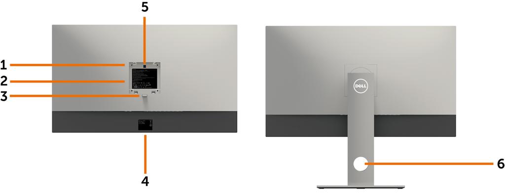 Pogled pozadi Etiketa Opis Korišćenje 1 VESA rupice za montiranje (100 mm x 100 mm-iza prikačenog VESA poklopca) Montirajte monitor na zid, koristeći VESAkompatibilan komplet za montiranje na zid