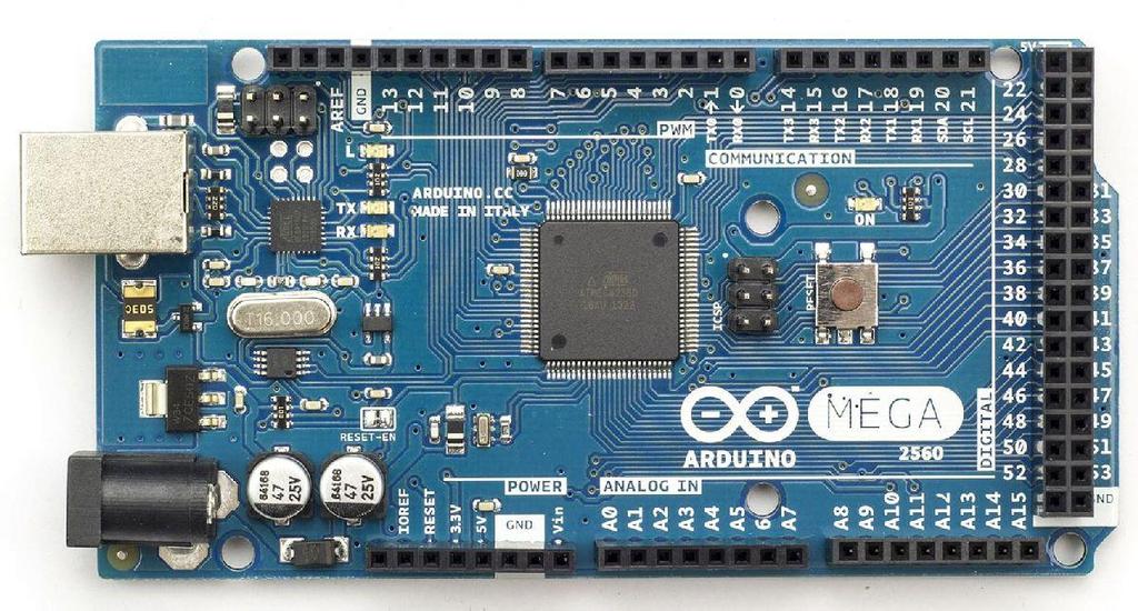 4.1.2. Arduino mega 2560 Arduino mega 2560 je razvojna ploča, koja sadrži Atmel AVR ATmega2560 mikroupravljač. Ima 54 digitalna I/O pina, od kojih 15 može biti korišteno kao PWM izlaz.