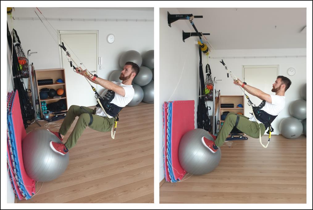 odupiranjem o pilates loptu Početni položaj i izvedba u vježbi čučnjeva s elastičnom trakom i