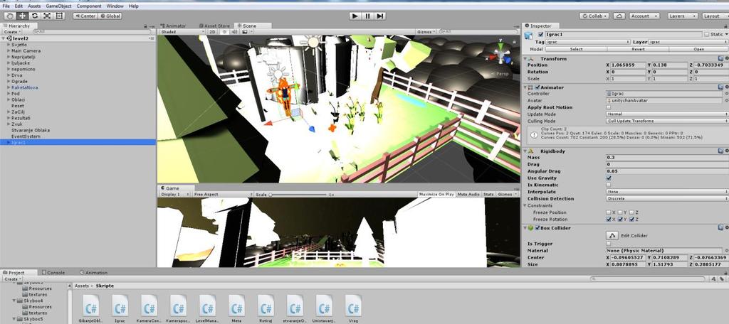 4.1. Unity Editor Razvoj 3D video igre započinje kreiranjem novog projekta u Unity Editoru, prilikom čega se dobiva prazna scena i 2 osnovna game objekta: glavna kamera i usmjereno svjetlo.