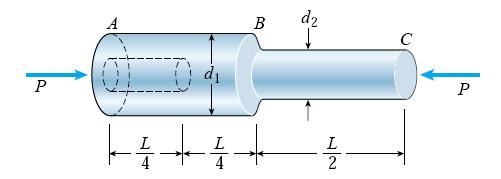 Aksijalno naprezanje Primjer.: Element ABC na slici, dužine L, sastavljen je od dva dijela iste dužine (0.6 m), ali različitih prečnika, i izložen sili od P=110 kn.
