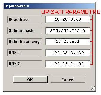 Upisivanje IP adrese Ispod IP parameters kliknuti mišem na Set Popuniti polja(dodeliti IP adresu