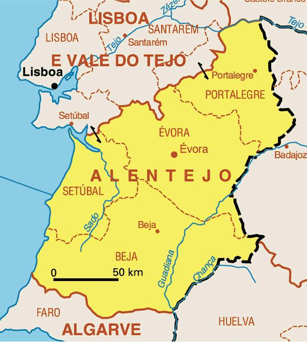 Slika 13. Karta regije Alentejo Izvor: http://www.lojas.co.uk/portugal_portuguese_map_alentejo.html, 20.07.2017. 3.4.1. ÉVORA Jedno je od najboljih turističkih odredišta središnjeg dijela Portugala.