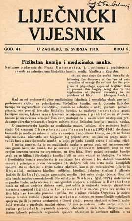 godine u kojem je objavljeno nastupno predavanje Frana Bubanovića (primjerak časopisa nalazi se u Muzeju Zavoda za kemiju i biokemiju).