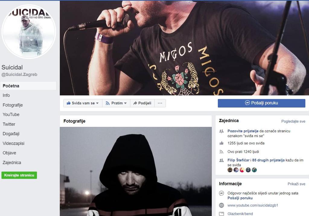 Suicidal na svojem Facebook profilu ima oko 1255 oznaka ''sviđa mi se'', dok 1240 korisnika prati njegovu službenu stranicu.