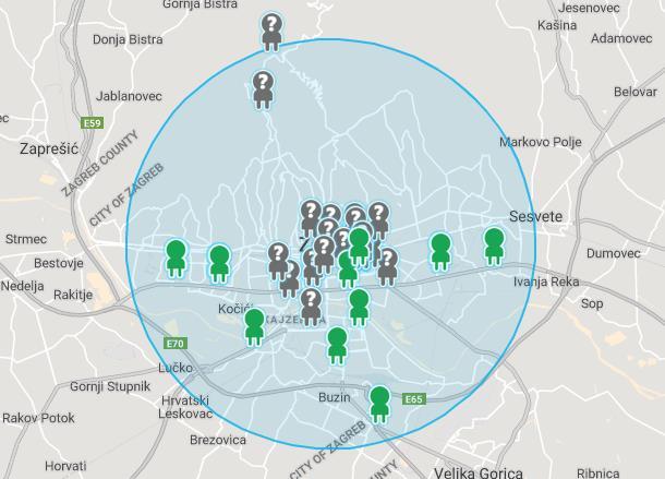 Lokacije sporijih i bržih javnih električnih punionica u gradu Zagrebu i radijusu od 10 km prikazane su na Slici 3. Slika 3.