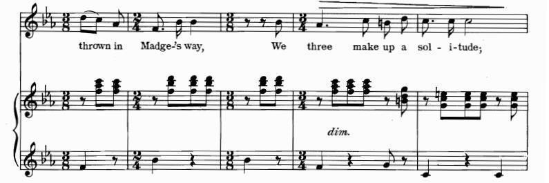 Karakteristike melodije su pokretljivost te sinkopirani i punktirani ritam koji zbog horizontalne polimetrije predstavlja izazov pjevaču. (Primjer br.
