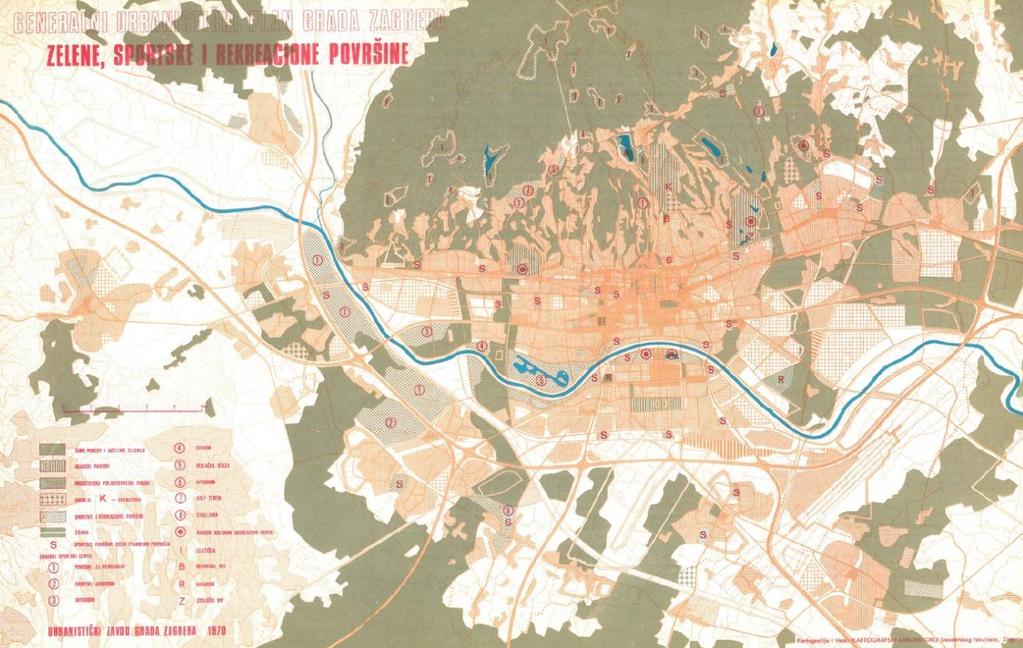 Slika 6.7.1. Generalni urbanistički plan iz 1971. godine; Zelene, sportske i rekreacijske površine Izvor: Arhiva KUPPA AF prema Šmit i sur.
