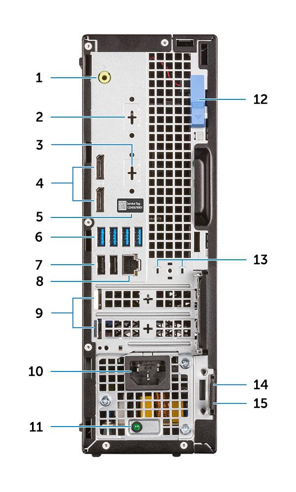 Prikaz sa zadnje strane 1 Linijski izlazni port 2 Serijski port (opcionalno) 3 DisplayPort/HDMI 2.0b/VGA/USB tipa C alternativni režim (opcionalno) 4 DisplayPorts (2) 5 Servisna oznaka 6 USB 3.