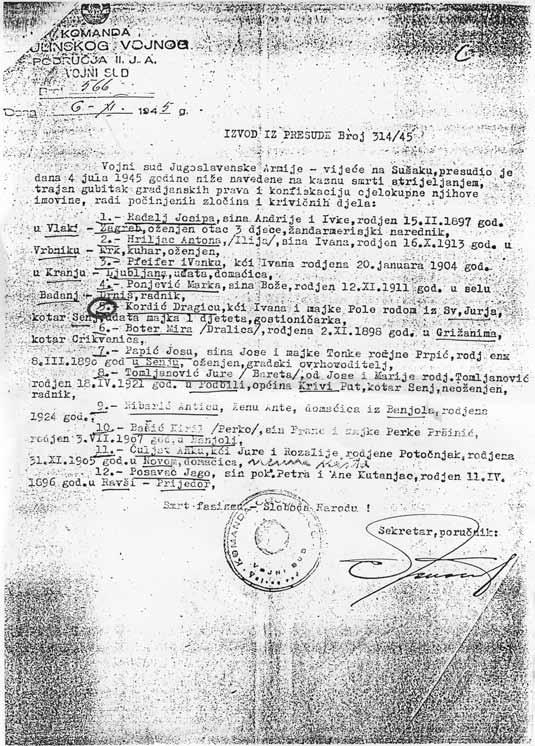 16. KLIŠANIĆ Mijo, sin Marka, rođen 1900. godine u Hrastelnici, kotar Sisak. Prije rata bio je član HSS-a, potom se priklonio NDH. Uhićen je, ali nije osuđen. 8 