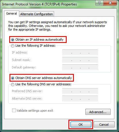 Zatim, ako ved nisu obeležene, obeležiti opcije Obtain an IP address automaticaly i Obtain DNS server address