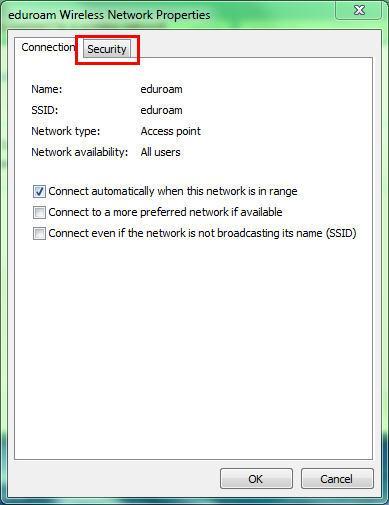 Zatim u eduroam Wireless Network Properties kliknuti na tab Security u