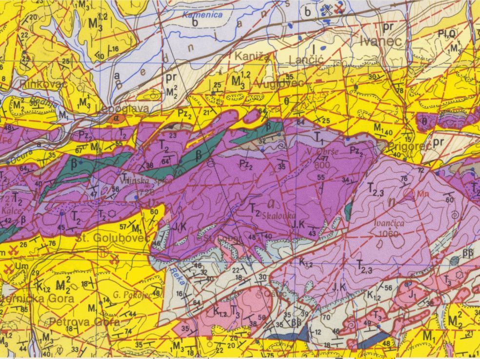 Slika 3. Geološki smještaj lokaliteta Gaveznica-Kameni vrh, Lepoglava. Dio karte preuzet iz Osnovne geološke karte mjerila 1:100 000, list Varaţdin (Šimunić i dr., 1982).