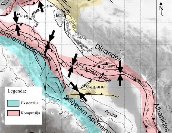 Slika 2.7. Prikaz podvlaĉenja Jadranske mikroploĉe pod Vanjske Dinaride (modificirano prema Scisciani & Calamita, 2009).
