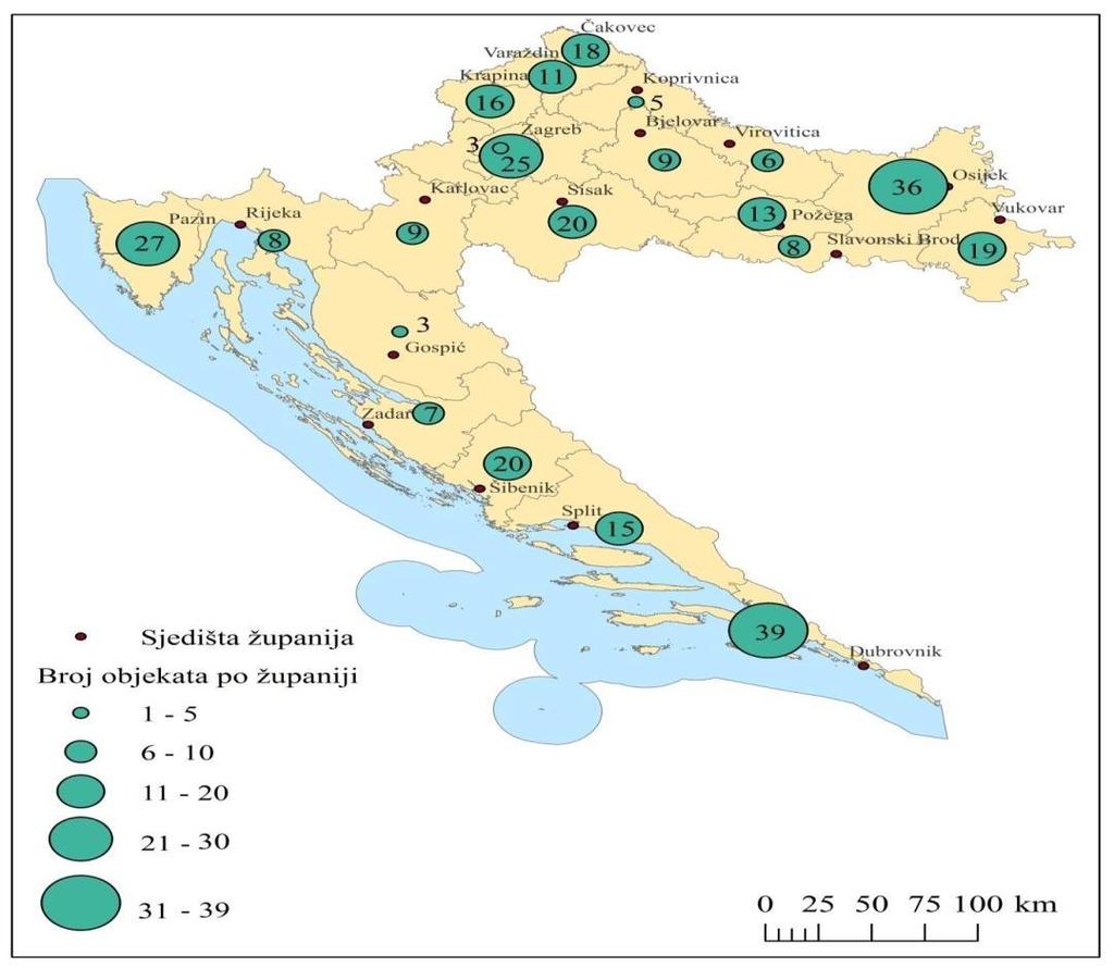 pojedinim županijama. Iz dokumenta je vidljiva velika prostorna disperziranost s obzirom na brojnost objekata u pojedinim županijama (Slika 2.).