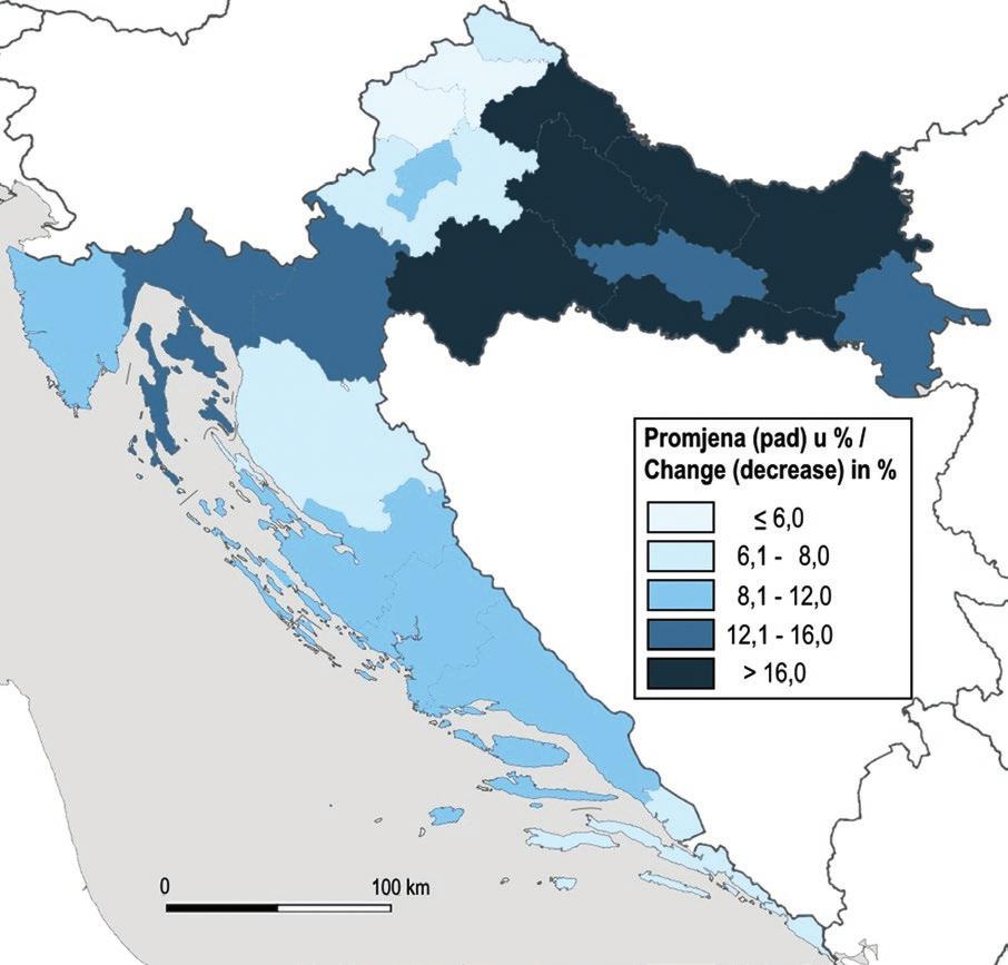 HRVATSKI GEOGRAFSKI GLASNIK 80/2, 33 54 (2018.) poduzećima u ukupnoj masi zaposlenih (Bejaković i dr., 2012). Broj zaposlenih smanjen je između 2009. i 2016. godine u svim hrvatskim županijama (sl.