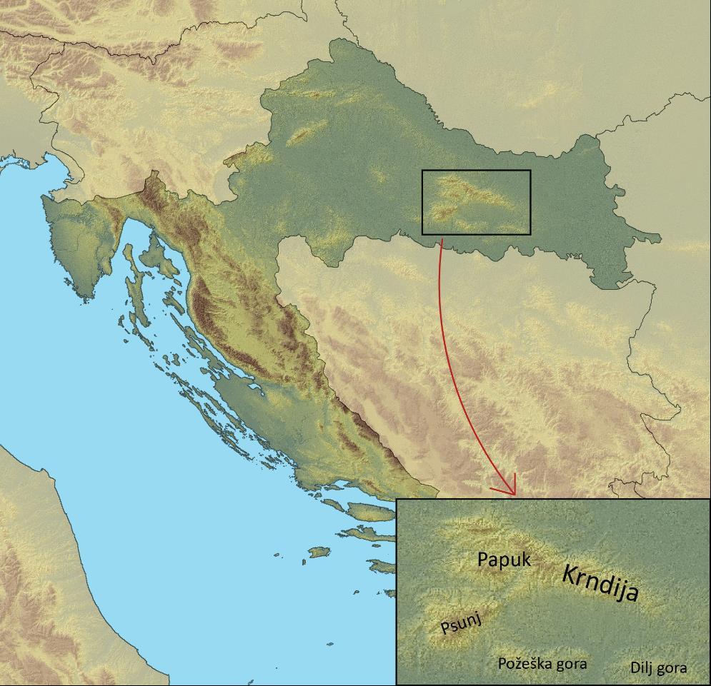 2. GEOGRAFSKE ZNAČAJKE KRNDIJE Krndija je smještena na granicama triju županija, Virovitičko podravske, Osječko baranjske i Požeško slavonske županije.