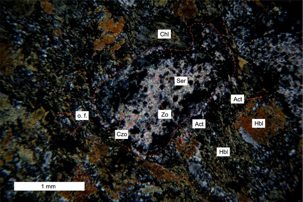 Slika 6-18. Mikrofotografija porfiroblastičnog amfibolita s okonturenim porfiroblastom plagioklasa (uzorak KR 1B; N+). Act-aktinolit; Chl-klorit; Czo-klinocoisit; Hbl-hornblenda; o.f.- opaka faza; Ser-sericit; Zo-coisit.