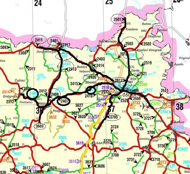 Slika 10.: Prikaz državnih cesta s brojačkim mjestima na području županije Ceste koje će biti analizirane su: Izvor: Hrvatske ceste d.o.o. 1. Autocesta A5 (brojačka mjesta: Osijek jug, Čepin jug, Đakovo jug) 2.