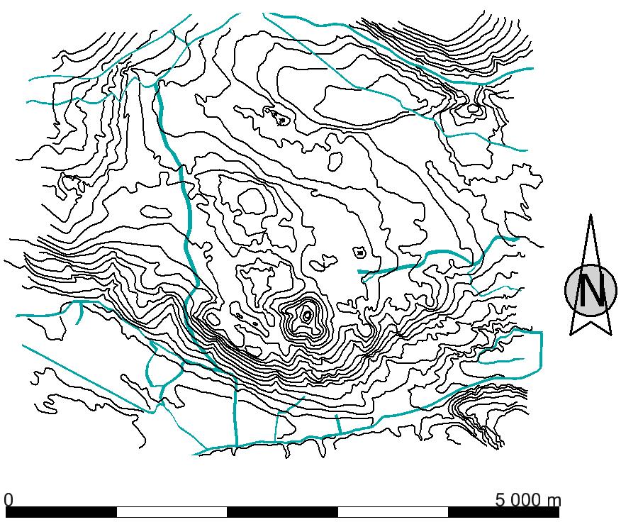 Slika 3-3. Top View pogled na slojnice (crno) i ceste (zeleno) 3D prikazu nakon podizanja na njihove visine M 1: 50 000 3.4.