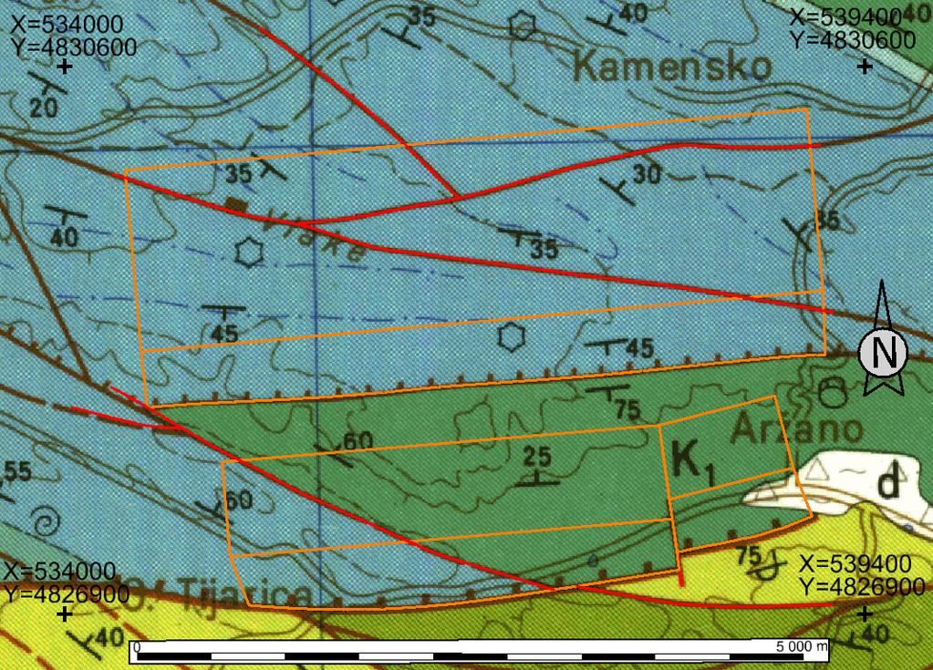 3.6. Izrada navlaka i rasjeda Navlake i rasjede je bilo potrebno prvo precrtati naredbom Place Point or Stream Curve sa OGK SFRJ 1:100 000, list Omiš kako bi se dobio izgled kao na slici 3-8.