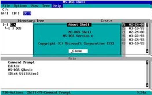 Operativni sistem MS-DOS Osim komandne linije, za rad sa većinom MS-DOS komandi može se koristiti i MS-DOS Shell. On nudi vizuelni način rada sa MS-DOS-om. Komande u MS-DOS Shell-u navedene su u tzv.