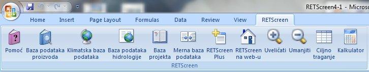 Слика 1 - Линија менија у RETScreen програму Основни елементи пројекта креирани у овом програму су: Почетни подаци Енергетски модел Алати 2.