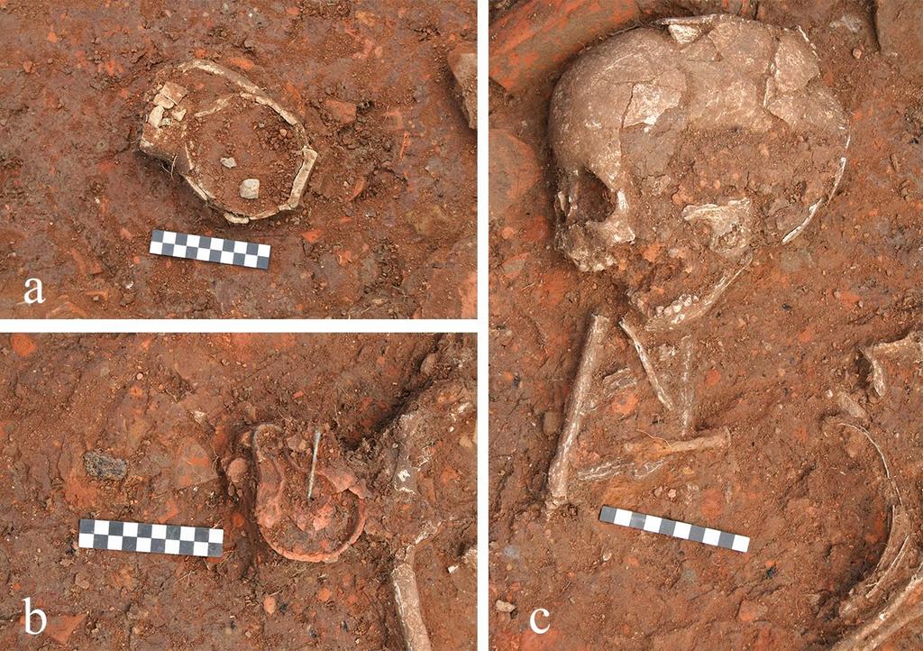 Fig. 4 Close-up pictures of G2 grave goods: a- Jug Bonifay Commune 50, b - factory lamp with needle and»trilobitenperlen«c - iron nail on the