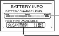 Snimanje/Reprodukcija Provjera kapaciteta baterije...!e Preklopku POWER podesite na OFF (CHG), zatim pritisnite DISP/BATT INFO!e. Pritisnete li tipku jednom, informacije o bateriji (BATTERY INFO) se pojavljuju na oko 7 sekundi.