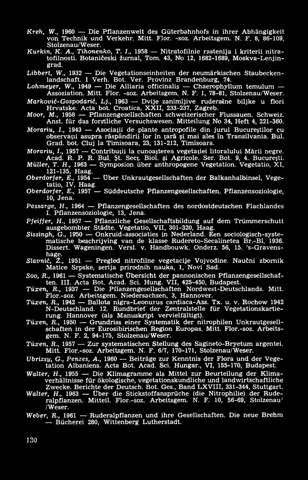 K reh, W., 1960 Die Pflanzenwelt des Güterbahnhofs in ihrer Abhängigkeit von Technik und Verkehr. Mitt. Flor. -soz. Arbeitsgem. N. F. 8, 86-109, Stolzenau/Weser. K urkin, K. A., Tihonenko, T. I.