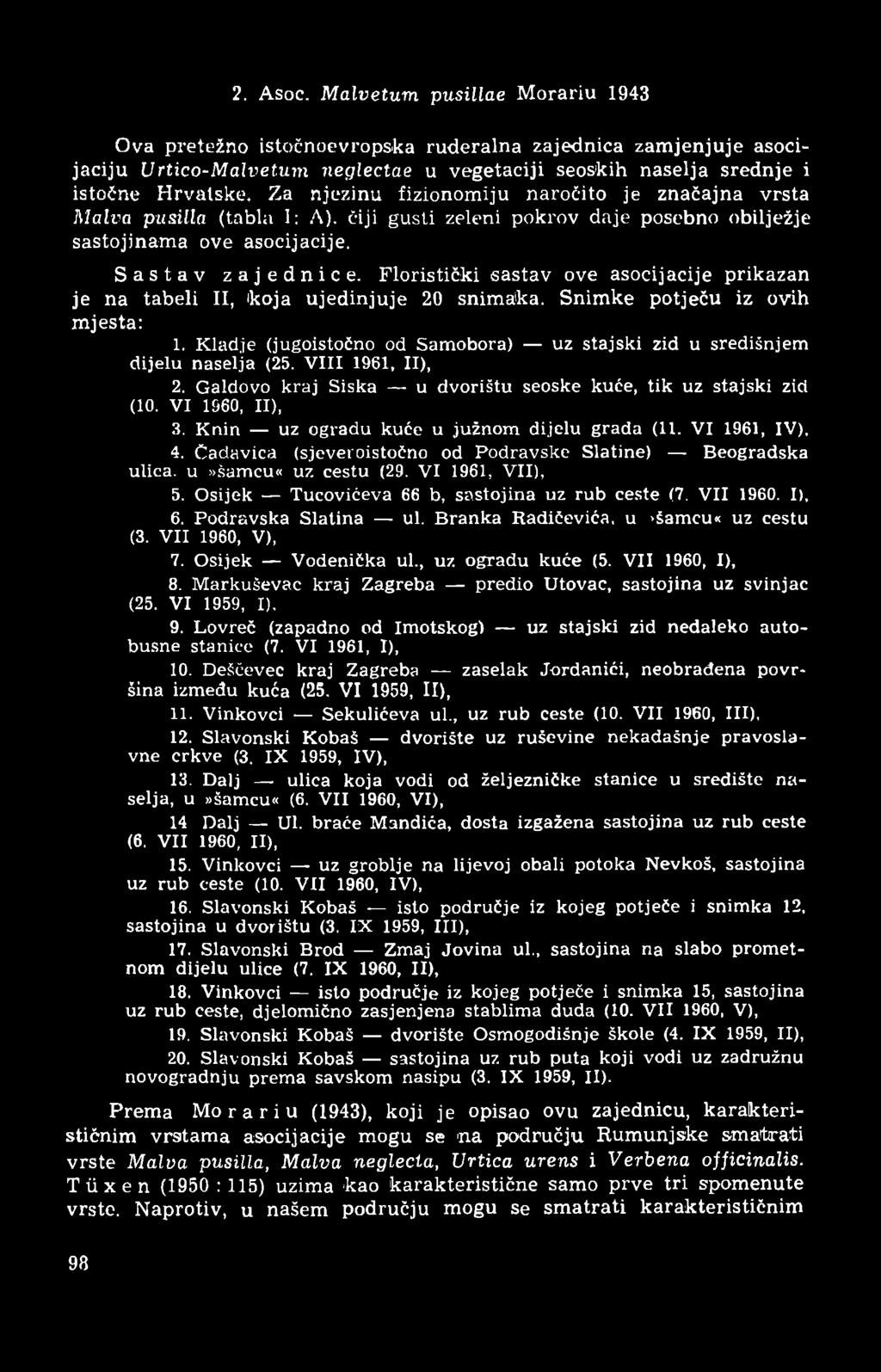 Floristički sastav ove asocijacije prikazan je na tabeli II, koja ujedinjuje 20 snimaka. Snimke potječu iz ovih mjesta: 1.