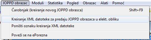 Kreiranje XML datoteke Kreiranje XML datoteke se poziva na uobičajeni način preko pripadajućeg izbornika JOPPD obrazac opcija Kreiranje XML datoteke za predaju JOPPD obrazaca u elektronskom obliku.