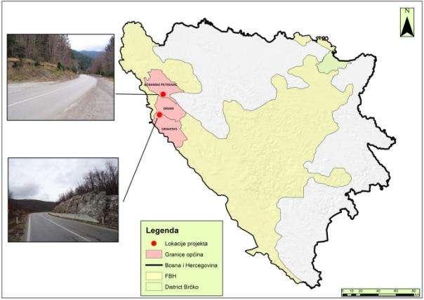 3. OPIS LOKACIJE Projektirane trake za spora vozila nalaze se na glavnom cestovnom pravcu od Bosanskog Petrovca, preko Drvara do Bosanskog Grahova, na magistralnoj cesti M14.2. Magistralna cesta M14.