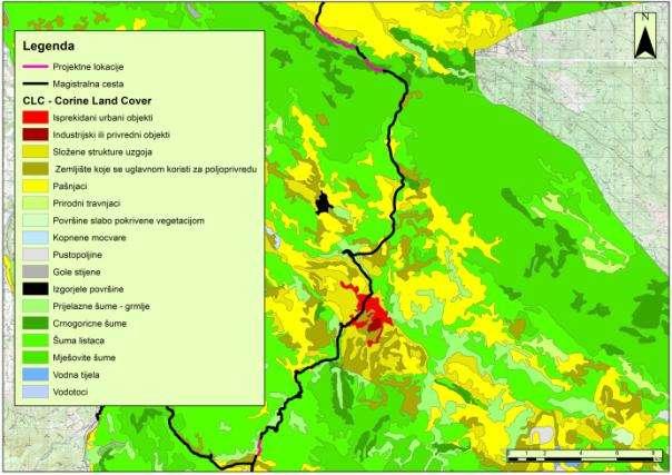 Slika 10: Namjena zemljišta na širem području Projekta prema CORINE metodologiji Izvor: Koordinacija podataka o okolišu Evropska agencija za zaštitu okoliša 5.7.