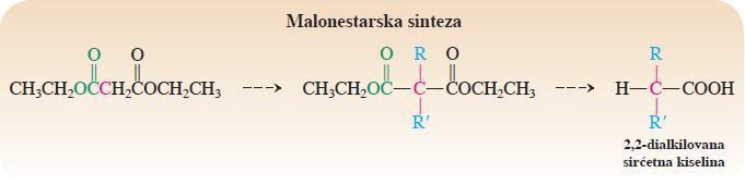 Malonestarska sinteza: Polazeći od dietil-malonata kombinacijom reakcija