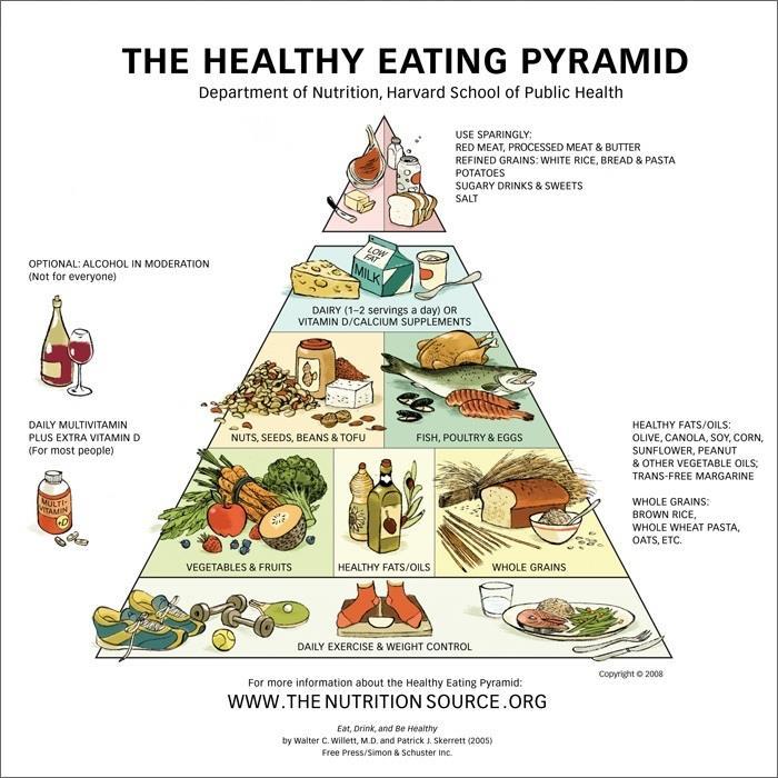 Slika 5. Piramida zdrave prehrane Izvor: https://www.hsph.harvard.edu/nutritionsource/healthy-eating-plate/ (39) Ugljikohidrati bi trebali biti iz cjelovitih žitarica, leguminoza, voća i povrća.