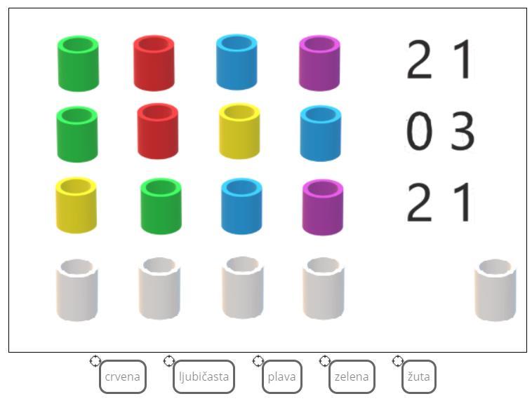 U prva dva retka možemo uočiti da su crvena i zelena boja na istom mjestu, a da je u drugom slučaju broj mjesta s točno postavljenim bojama 0.