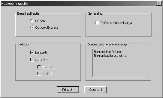 Klikom na gumb Napredne opcije, otvara se prozor u kojem je moguće odabrati između Outlooka i Outlook Expressa i uključiti u proces sinkronizacije i zadatke i kalendare (vidi sliku 4.